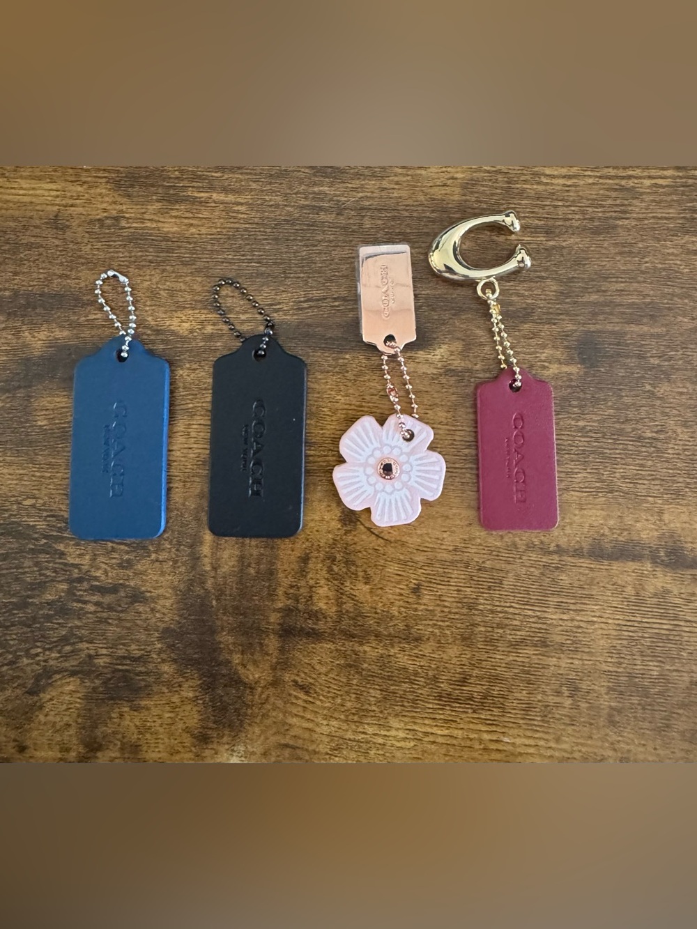 COACH Hangtag Tea Rose and Signature C Leather Charm Keychain Bundle